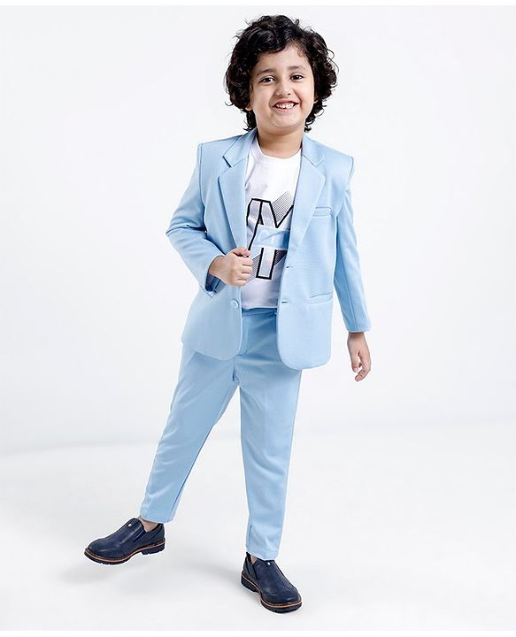 Babyhug Woven Full Sleeves Stretchable Party Suit & T-Shirt Set with Text Print - Light Blue
