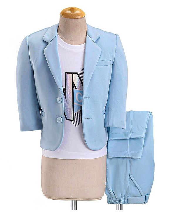 Babyhug Woven Full Sleeves Stretchable Party Suit & T-Shirt Set with Text Print - Light Blue