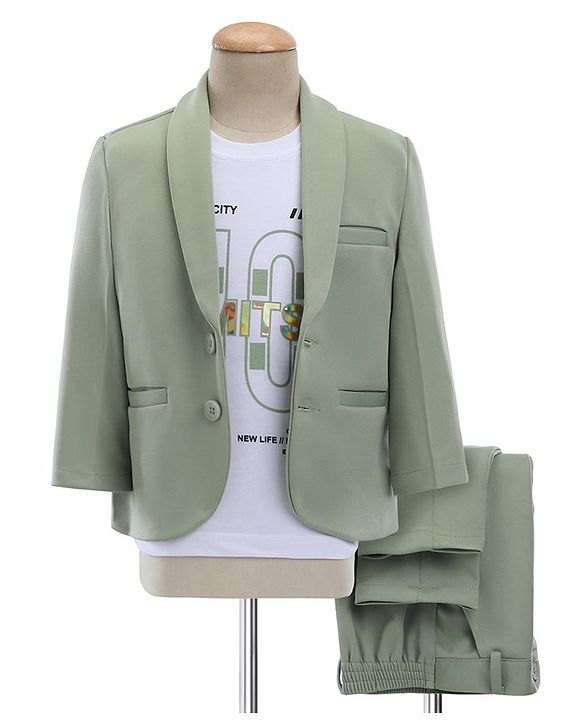 Babyhug Woven Full Sleeves Stretch Party Suit & T-Shirt With Text Print - Green