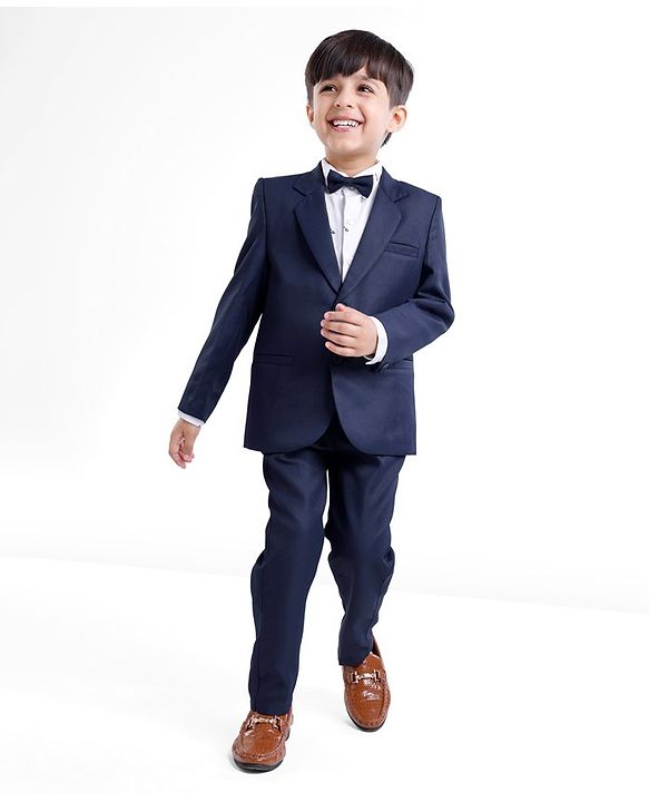 Babyhug Full Sleeves Party Suit with Stretch & Bow - White & Navy Blue