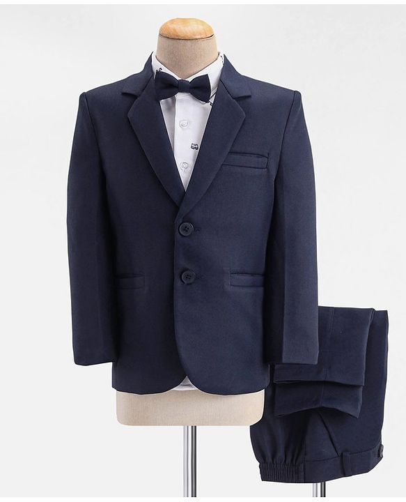 Babyhug Full Sleeves Party Suit with Stretch & Bow - White & Navy Blue
