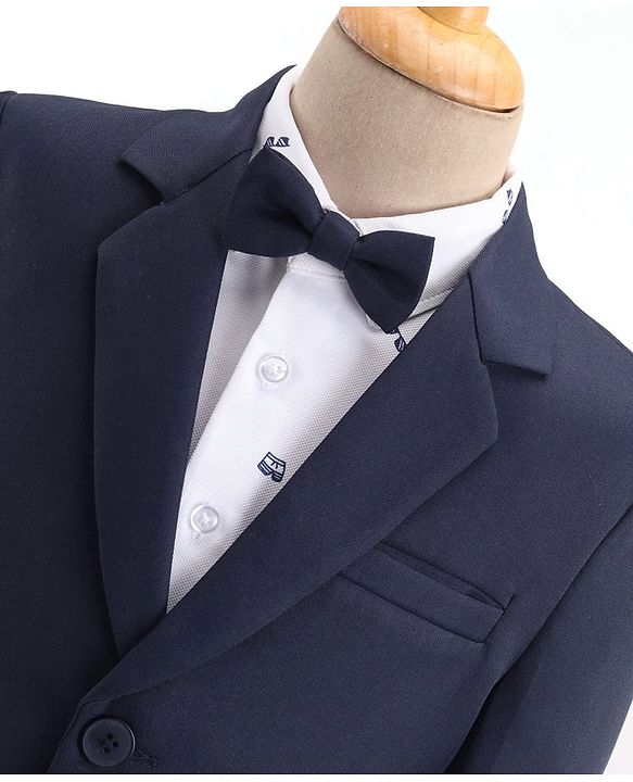 Babyhug Full Sleeves Party Suit with Stretch & Bow - White & Navy Blue