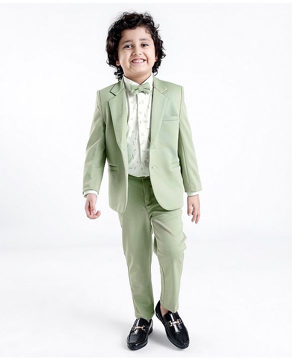 Babyhug Full Sleeves Three Piece Party Suit with Bow & Stretch - White & Green