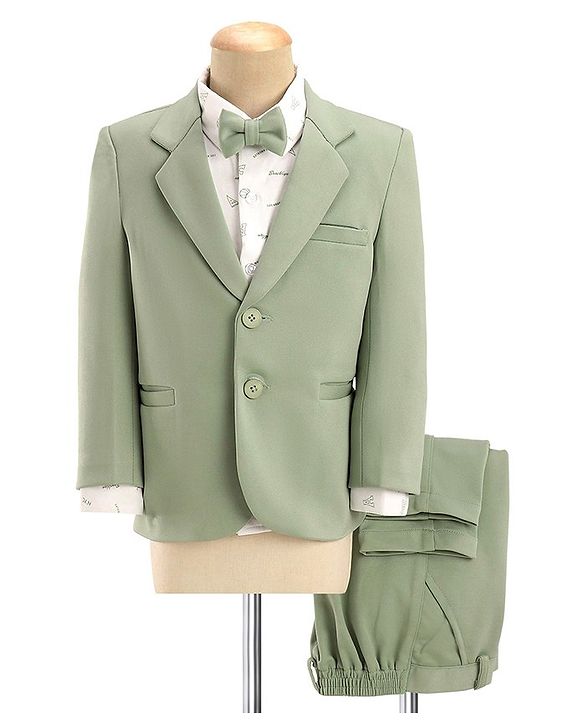 Babyhug Full Sleeves Three Piece Party Suit with Bow & Stretch - White & Green