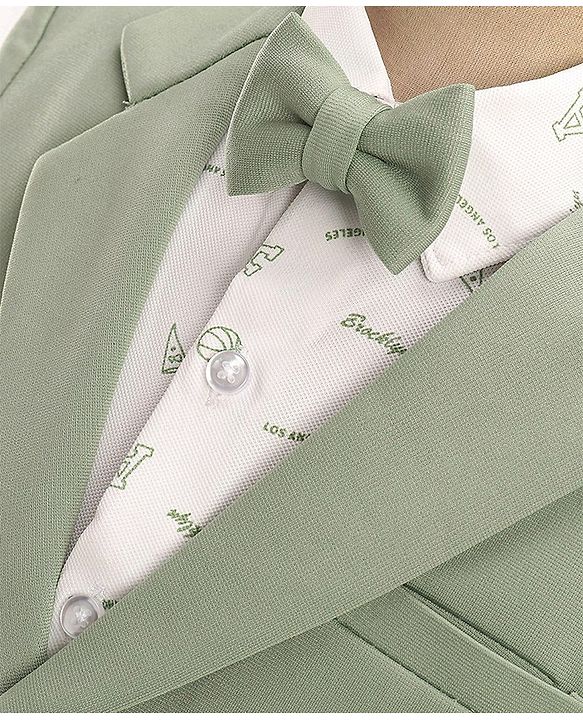 Babyhug Full Sleeves Three Piece Party Suit with Bow & Stretch - White & Green
