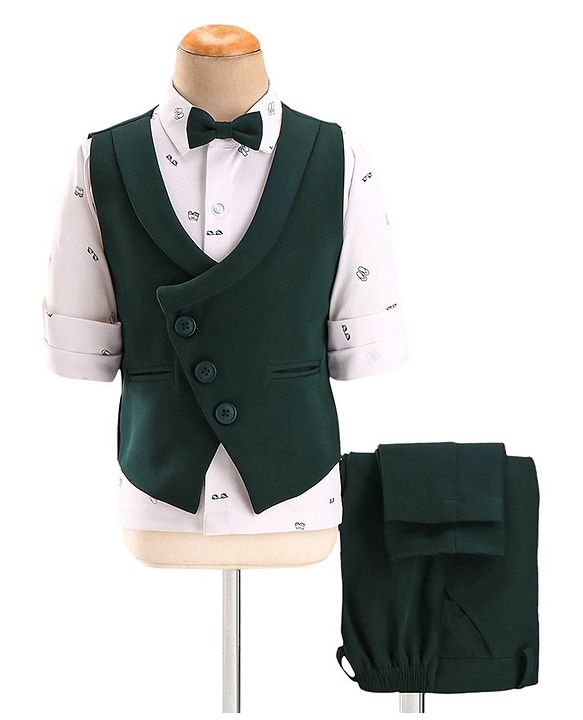 Babyhug Woven Full Sleeves Stretch Fit Party Suit With Waist Coat & Bow -  Olive