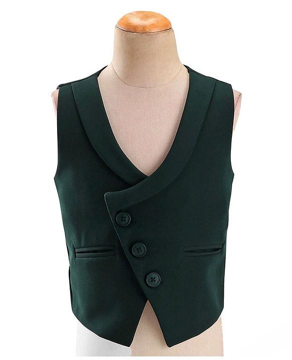 Babyhug Woven Full Sleeves Stretch Fit Party Suit With Waist Coat & Bow -  Olive