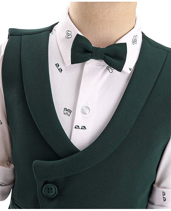 Babyhug Woven Full Sleeves Stretch Fit Party Suit With Waist Coat & Bow -  Olive
