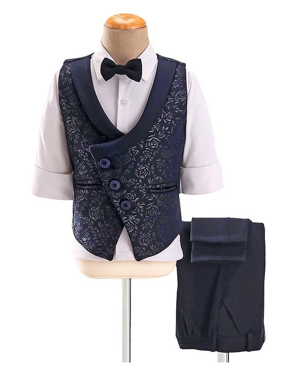 Babyhug Woven Full Sleeves Stretch Fit Party Suit With Floral Printed Waist Coat & Bow -Blue