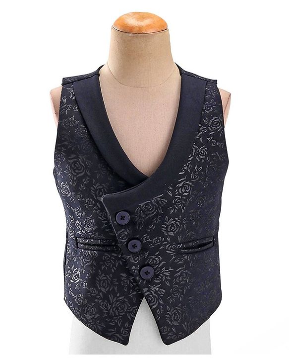Babyhug Woven Full Sleeves Stretch Fit Party Suit With Floral Printed Waist Coat & Bow -Blue