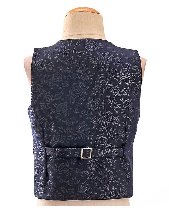Babyhug Woven Full Sleeves Stretch Fit Party Suit With Floral Printed Waist Coat & Bow -Blue