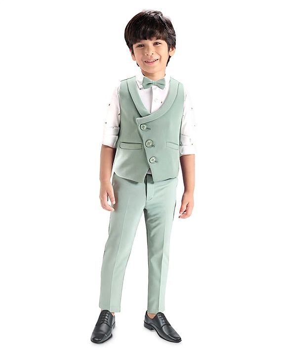 Babyhug Woven Full Sleeves Stretch Fit Party Suit With Waist Coat & Bow - Light Green