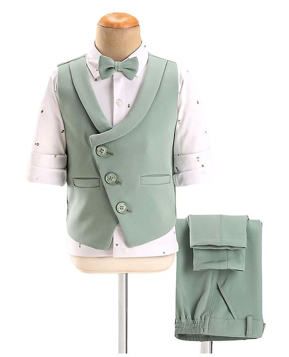 Babyhug Woven Full Sleeves Stretch Fit Party Suit With Waist Coat & Bow - Light Green