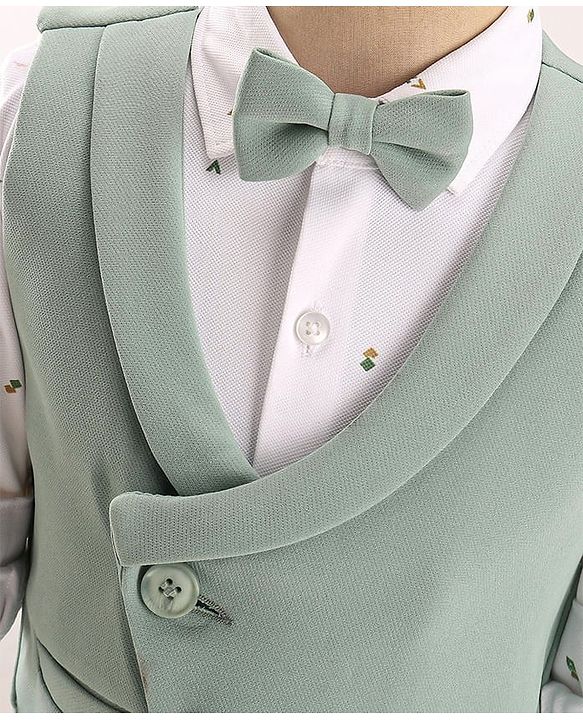 Babyhug Woven Full Sleeves Stretch Fit Party Suit With Waist Coat & Bow - Light Green