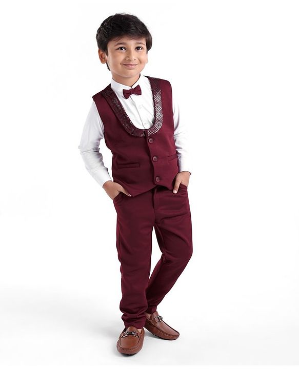 Babyhug Full Sleeves 3 Piece Party Suit with Bow & Stretch Solid Color - Maroon & White