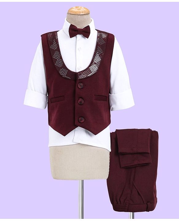 Babyhug Full Sleeves 3 Piece Party Suit with Bow & Stretch Solid Color - Maroon & White