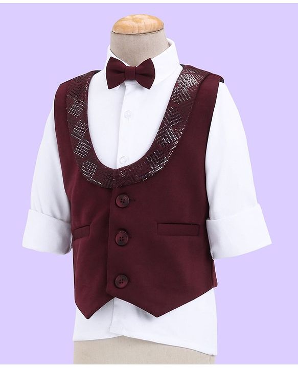 Babyhug Full Sleeves 3 Piece Party Suit with Bow & Stretch Solid Color - Maroon & White