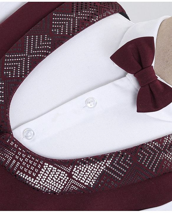 Babyhug Full Sleeves 3 Piece Party Suit with Bow & Stretch Solid Color - Maroon & White