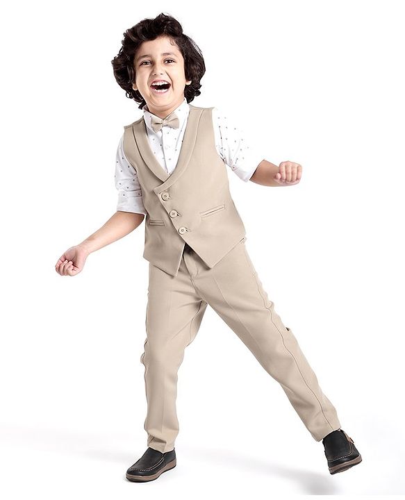 Babyhug Full Sleeves Stretchable Party Suit - Beige