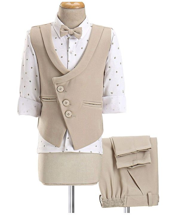 Babyhug Full Sleeves Stretchable Party Suit - Beige