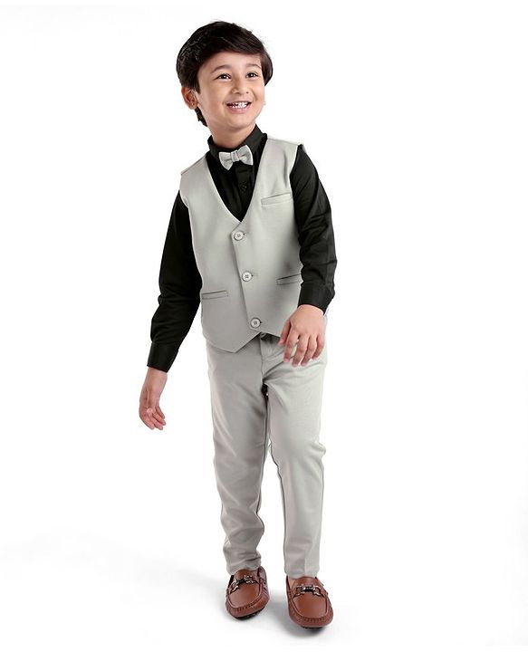 Babyhug Full Sleeves 3 Piece Party Suit with Bow & Stretch Solid Color - Grey & Black