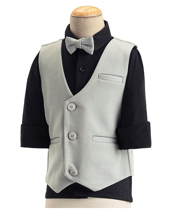 Babyhug Full Sleeves 3 Piece Party Suit with Bow & Stretch Solid Color - Grey & Black