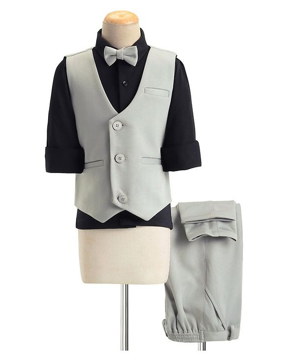 Babyhug Full Sleeves 3 Piece Party Suit with Bow & Stretch Solid Color - Grey & Black