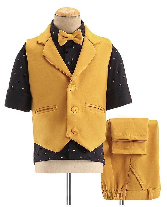 Babyhug Woven Full Sleeves Stretchable Three Piece Solid Colour Party Suit with Bow - Yellow & Black