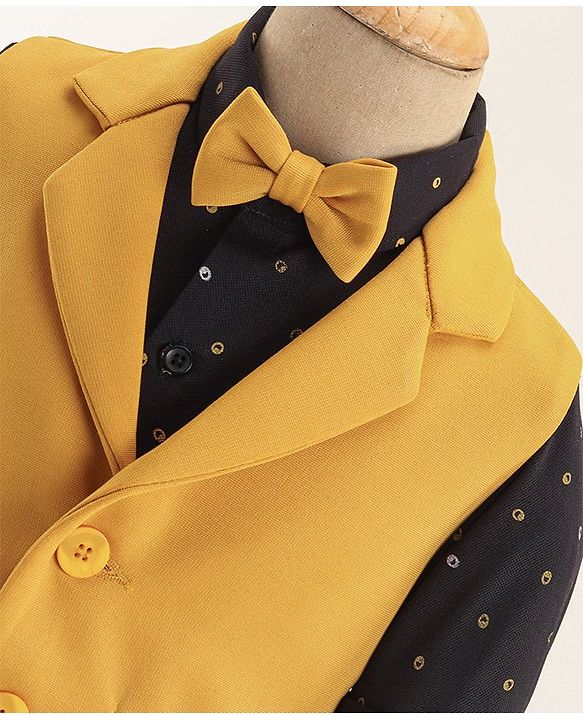 Babyhug Woven Full Sleeves Stretchable Three Piece Solid Colour Party Suit with Bow - Yellow & Black