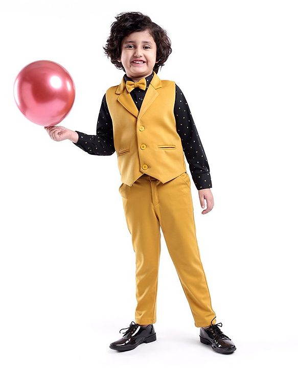 Babyhug Woven Full Sleeves Stretchable Three Piece Solid Colour Party Suit with Bow - Yellow & Black