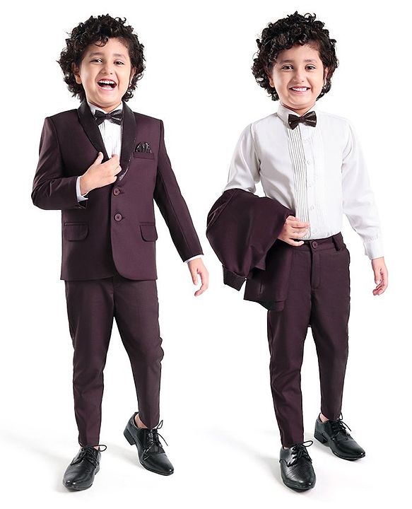 Babyhug Woven Full Sleeves Three Piece Solid Colour Party Suit with Bow - Maroon
