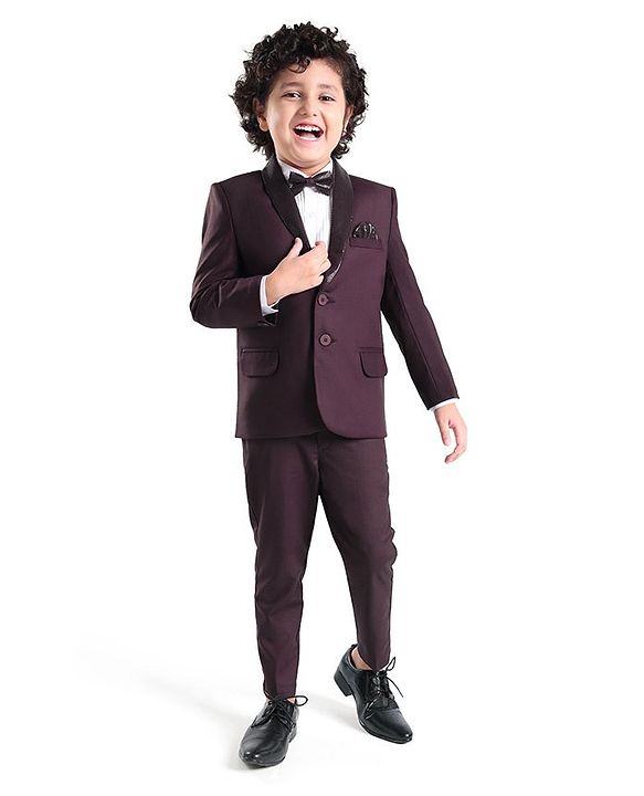 Babyhug Woven Full Sleeves Three Piece Solid Colour Party Suit with Bow - Maroon