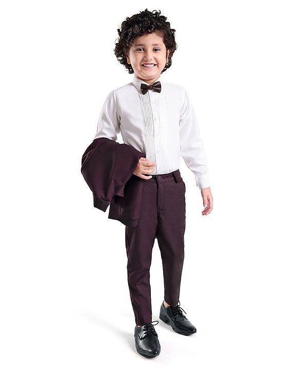 Babyhug Woven Full Sleeves Three Piece Solid Colour Party Suit with Bow - Maroon