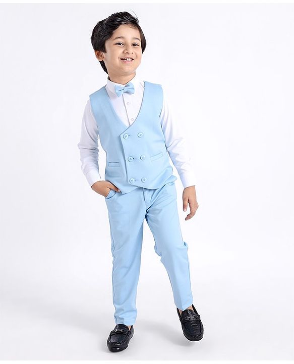 Babyhug Full Sleeves Three Piece Party Suit with Bow & Stretch - White & Blue