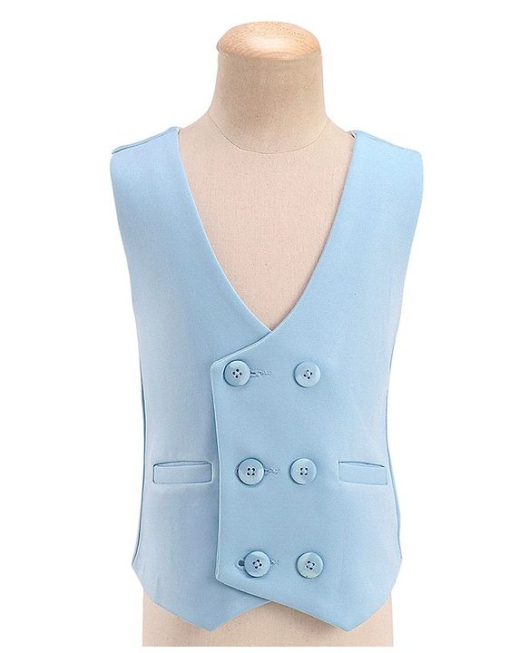 Babyhug Full Sleeves Three Piece Party Suit with Bow & Stretch - White & Blue