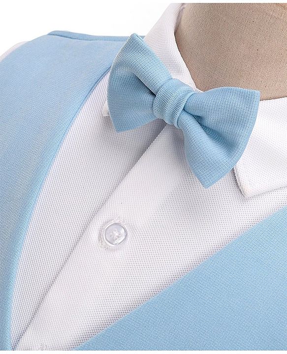 Babyhug Full Sleeves Three Piece Party Suit with Bow & Stretch - White & Blue