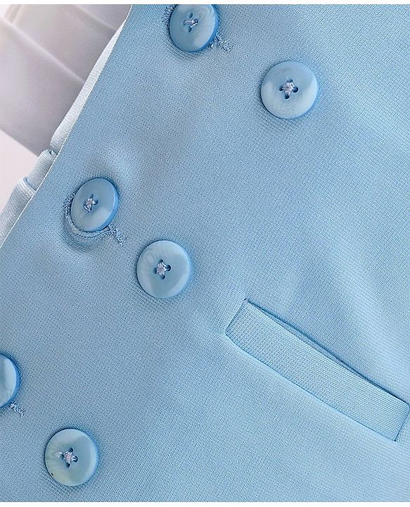 Babyhug Full Sleeves Three Piece Party Suit with Bow & Stretch - White & Blue