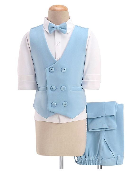 Babyhug Full Sleeves Three Piece Party Suit with Bow & Stretch - White & Blue