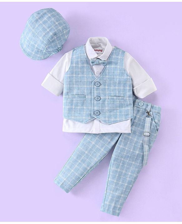 Babyhug Full Sleeves Three Piece Party Suit Checkered with Bow & Hat - White & Blue