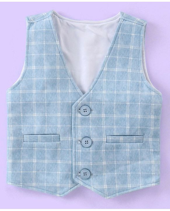 Babyhug Full Sleeves Three Piece Party Suit Checkered with Bow & Hat - White & Blue