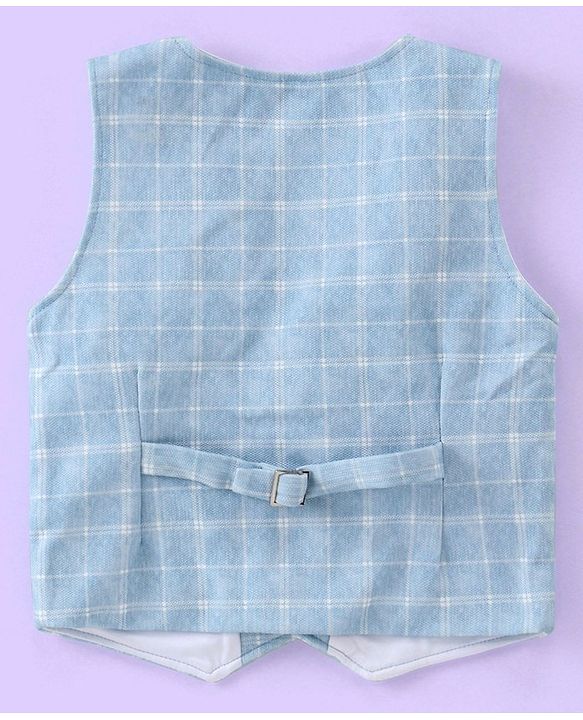 Babyhug Full Sleeves Three Piece Party Suit Checkered with Bow & Hat - White & Blue