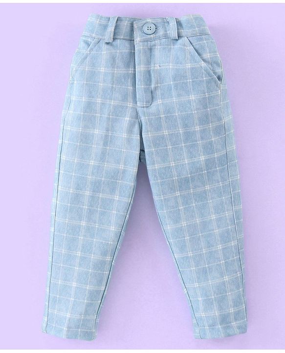 Babyhug Full Sleeves Three Piece Party Suit Checkered with Bow & Hat - White & Blue