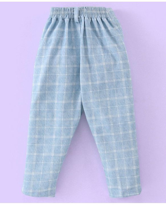 Babyhug Full Sleeves Three Piece Party Suit Checkered with Bow & Hat - White & Blue