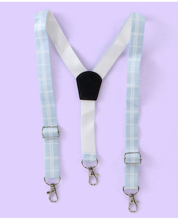 Babyhug Full Sleeves Three Piece Party Suit Checkered with Bow & Hat - White & Blue