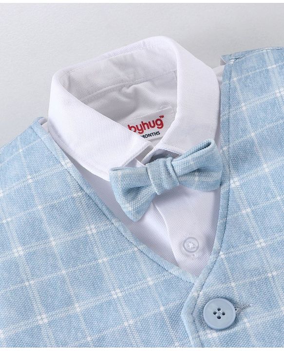 Babyhug Full Sleeves Three Piece Party Suit Checkered with Bow & Hat - White & Blue