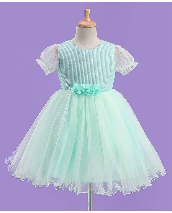 Babyhug Half Balloon Sleeves Textured Yoke Party Frock with Floral Applique -  Mint