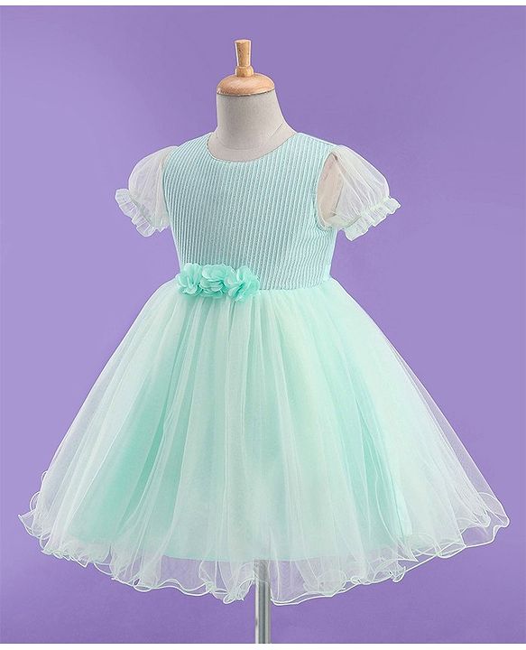 Babyhug Half Balloon Sleeves Textured Yoke Party Frock with Floral Applique -  Mint
