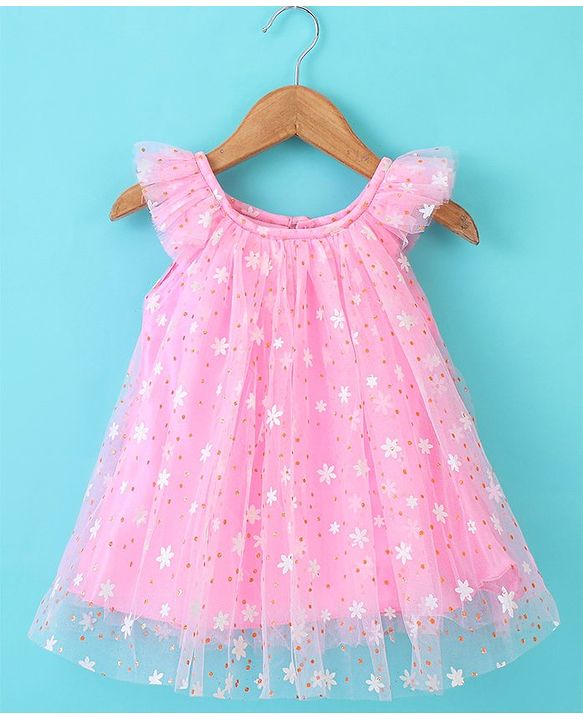 Babyhug Flutter Sleeves a Line Rubber Printed Party Frock - Pink