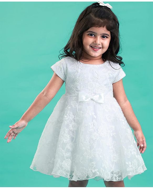 Babyhug Sleeveless Floral Embroidery with Bow Applique Party Frock - White