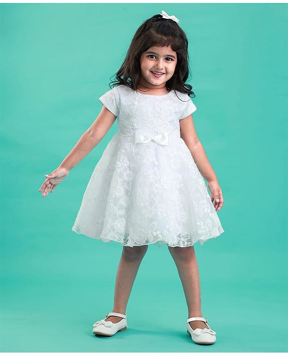Babyhug Sleeveless Floral Embroidery with Bow Applique Party Frock - White